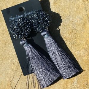 New Large Charcoal Boho Earrings Post Drop Tassels